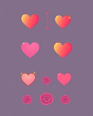 Modern Valentine icons with gradient hearts, glowing arrows, and rose patterns.