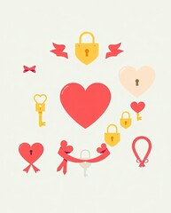 Flat Valentine icons of heart-shaped keys, locks, and decorative ribbons.