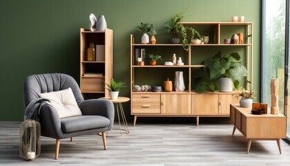 Stylish Modern Interior Design of Living Room with Green Walls and Elegant Natural Decor Elements