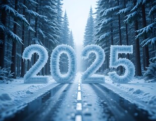 Ice sculpture of 2025 on a snowy road in a forest at sunset
