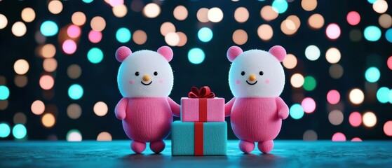 Obraz premium Happy new year comic concept. Two cute teddy bears with gifts against a colorful bokeh background.