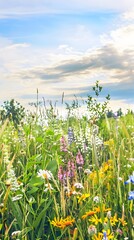 Obraz premium A peaceful field of wildflowers, extending toward a far-off horizon, creating a serene natural scene.