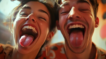 A joyful couple playfully sticking out their tongues, showcasing their laughter and connection in a colorful, vibrant setting. Couple love concept.