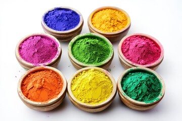 Naklejka premium Happy Holi decoration, the indian festival.Top view of colorful holi powder on white background. 