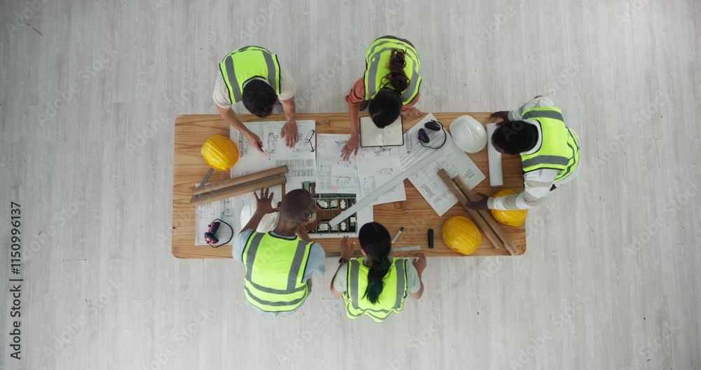 Poster top view, staff and construction team with blueprint, discussion and floor plan for house project. e
