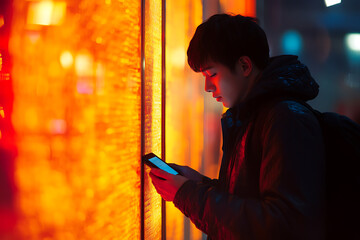 Urban Night Scene: Person Engaging with Mobile Device