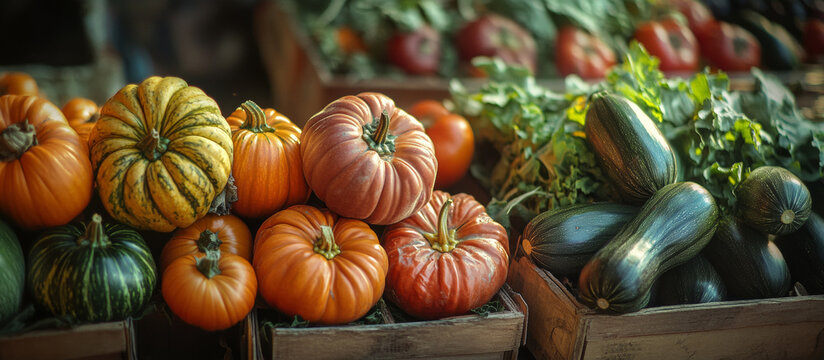 Fresh produce at farmers market showcases vibrant pumpkins and zucchinis