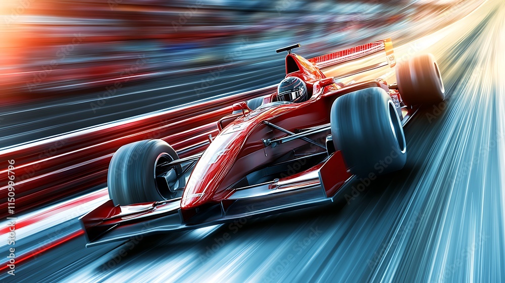 Poster red race car speeding on track, motion blur.