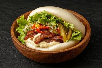 Delicious Crispy Pork Belly Bao Bun with Pickled Veggies Spicy Mayo