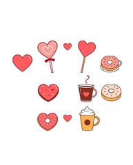 Cute Valentine icons with heart-shaped lollipops, donuts, and coffee cups.