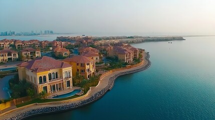 Fototapeta premium Dubai Palm Jumeirah Island, United Arab Emirates, seen from above. Generative Ai