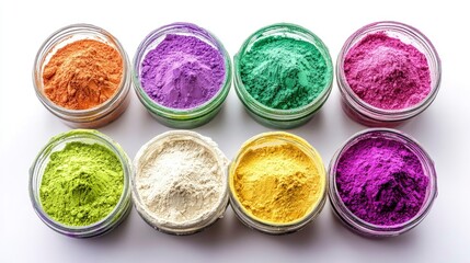 Happy Holi decoration, the indian festival.Top view of colorful holi powder on white background. 