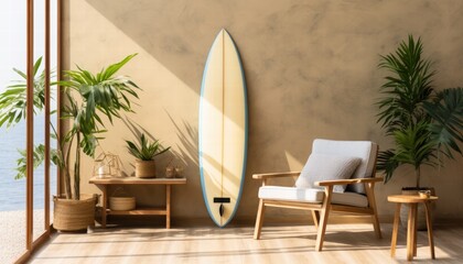 Fototapeta premium Cozy and Modern Interior Living Room with Surfboard Wall Decoration, Relaxing Atmosphere and Abundant Natural Light