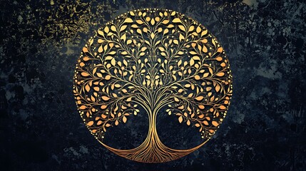 Golden tree of life symbol on dark background.