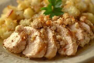 Roasted Turkey Breast Slices with Stuffing Gravy
