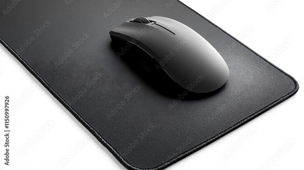 Poster black wireless computer mouse on a black mousepad.