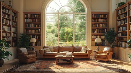 Luxurious library interior with large window. Concept of elegance, comfort, and knowledge.