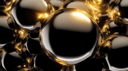black glass bubbles, gold lights, anti-aging cells, particles,skincare, cosmetic concept,lighting,luminous,luxury black background
