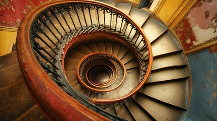 Ornate spiral staircase, wooden handrail, metal railing, vintage interior.