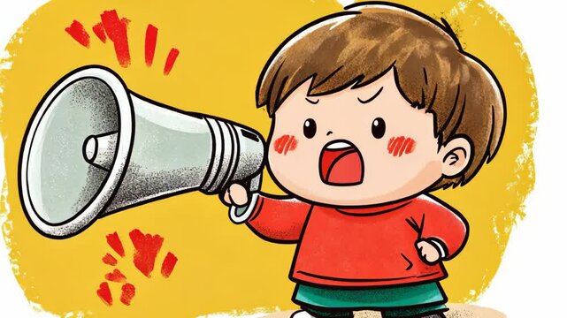 Child enthusiastically speaking into a megaphone during an outdoor activity on a sunny day