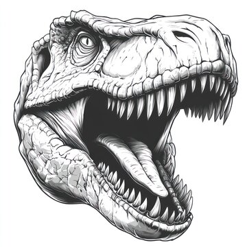T-rex head with open mouth, detailed monochrome illustration.