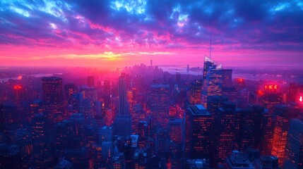 Fototapeta premium Neon city skyline, vibrant sunset, pink and blue.
