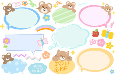 Pastel vector illustrations of teddy bear, cat, butterfly, apple, rainbow, flowers, text bubble for cartoon characters, comic, pet, zoo, souvenir shop, animal, text, message, chat, dialogue, toy, doll