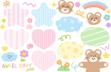 Pastel vector illustrations of teddy bear, star, heart, rainbow, cloud, flowers, text bubble for cartoon, characters, comic, mascot, zoo, souvenir shop, animals, text, message, plush toy, kid doll