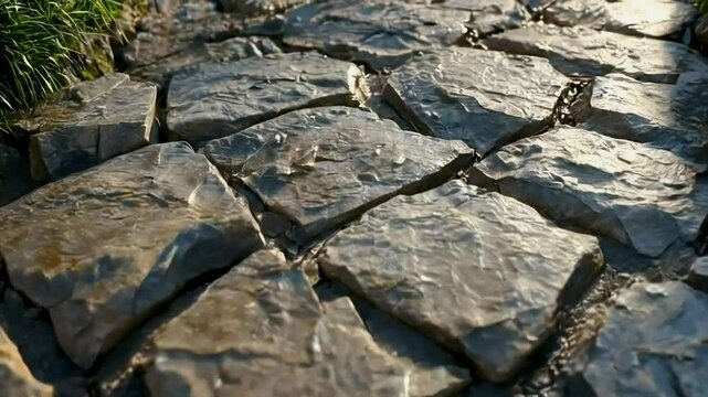 Close-up of a wet stone pathway, irregular shaped flagstones, sunlight reflecting on the surface.