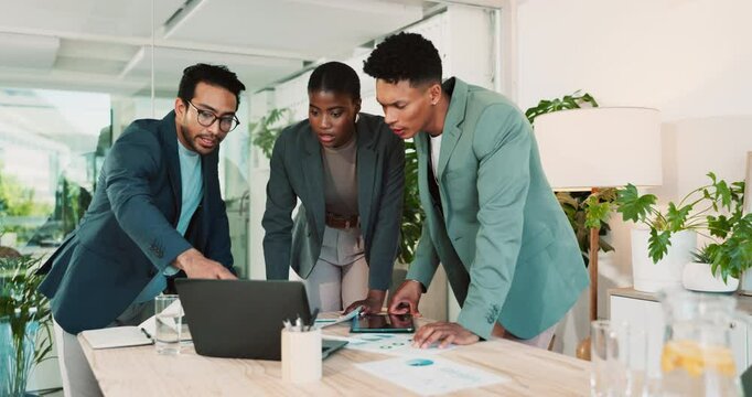 Research, laptop and strategy with business people in office for environment policy advisor, ngo and resource manager. Consulting, teamwork and report with employees in corporate firm for project