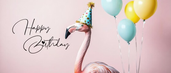 Happy Birthday Flamingo with Balloons: Festive Party Celebration Stock Photo