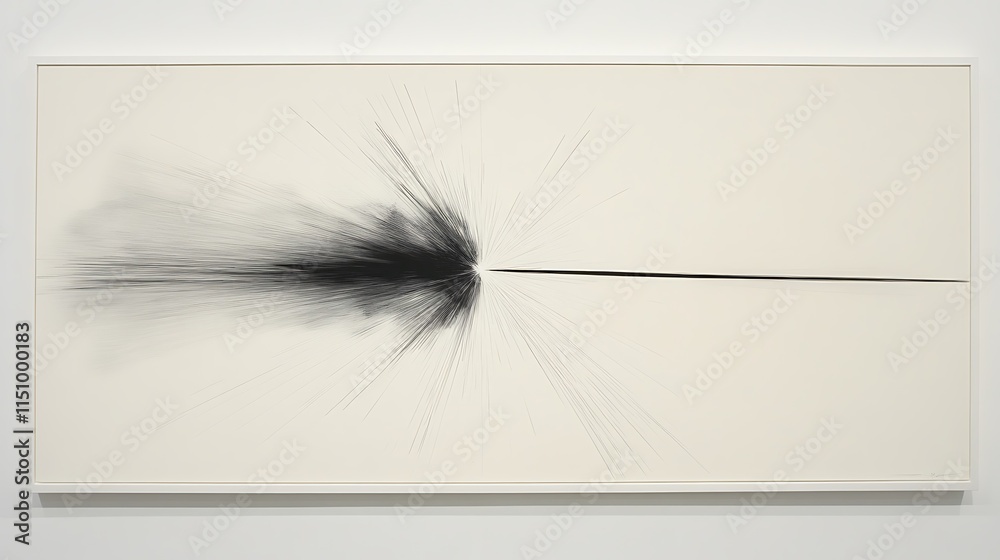 Poster Abstract monochrome artwork featuring a dark, radiating burst emanating from a central line against a light background.