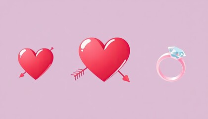 3D Valentine icons of a heart, cupid’s arrow, and a sparkling diamond ring.