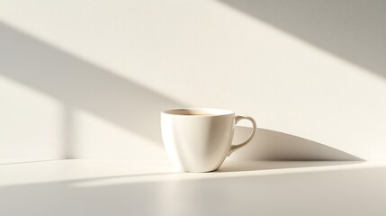 Fototapeta premium White coffee cup in sunlight on white surface.