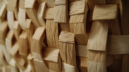 Close-up of intricately woven light and dark wood strips.