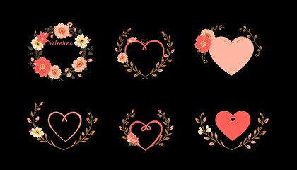 Elegant Valentine icons with floral wreaths, intertwined hearts, and gold accents.