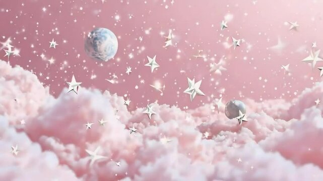 Pink cloudscape with planets and stars.