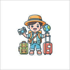 vector of child traveler holding bag and carrying suitcase and camera in hand with happy expression