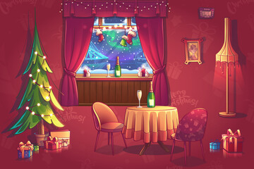 Color illustration - cartoon interior with winter landscape