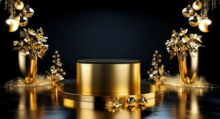 Golden luxury podium, circular platform, metallic display, ornate floral arrangements, dramatic lighting, black backdrop, elegant product showcase, shimmering gold accents, opulent design, high-contra