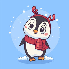 Cute penguin in scarf cartoon vector icon illustration