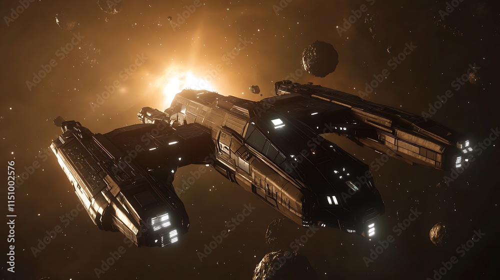 Poster spaceship soaring through asteroid field near sun.