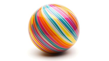 Colorful striped sphere on white background.