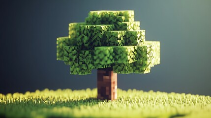 Low-poly pixelated tree on grassy field.