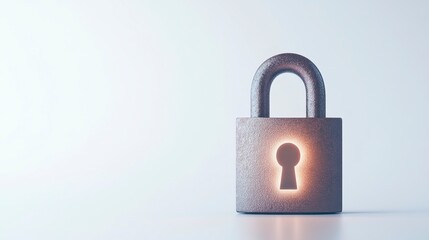 Fototapeta premium A metallic padlock with a glowing keyhole sits against a plain background, symbolizing security and protection.