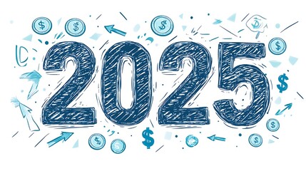 The word 2025 is written in large letters with coins on white background