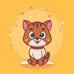 Cartoon vector happy kitten ​​on yellow background.