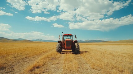 Obraz premium Red Tractor in a Golden Field Under a Blue Sky