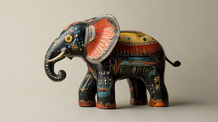 Fototapeta premium A vintage tin toy animal with a smooth metallic finish and detailed artwork, placed on a clean, neutral background to emphasize its charm.