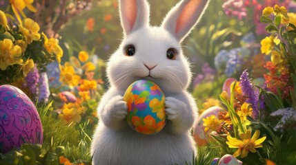 A white bunny holding a painted Easter egg with its paws, surrounded by a vibrant garden setting.
